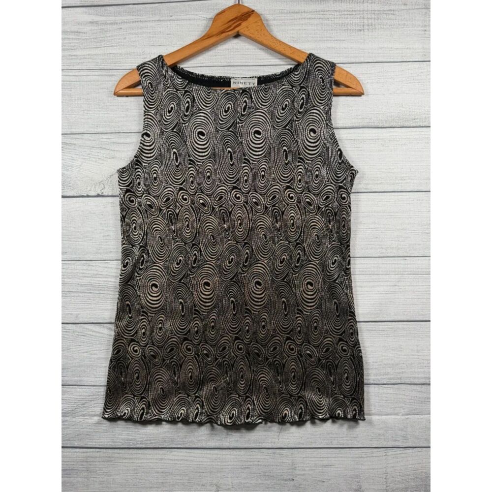 Ninety Sleeveless Top Womens M Black Gold Spiral Print Polyester #1352